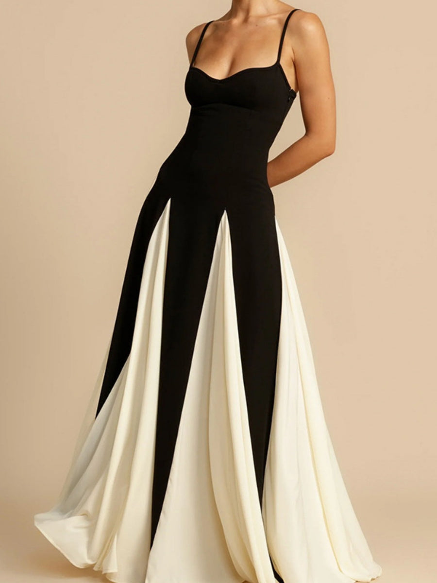 Black And White Color-blocked Long Slip Dress