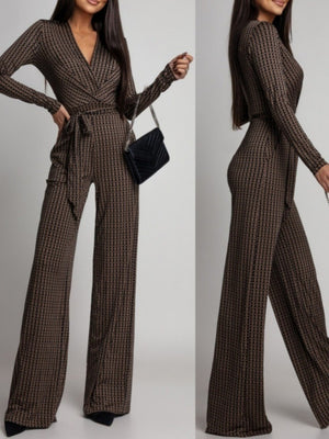Zebra Print V-neck Long Sleeve Wide-leg Pants Jumpsuits