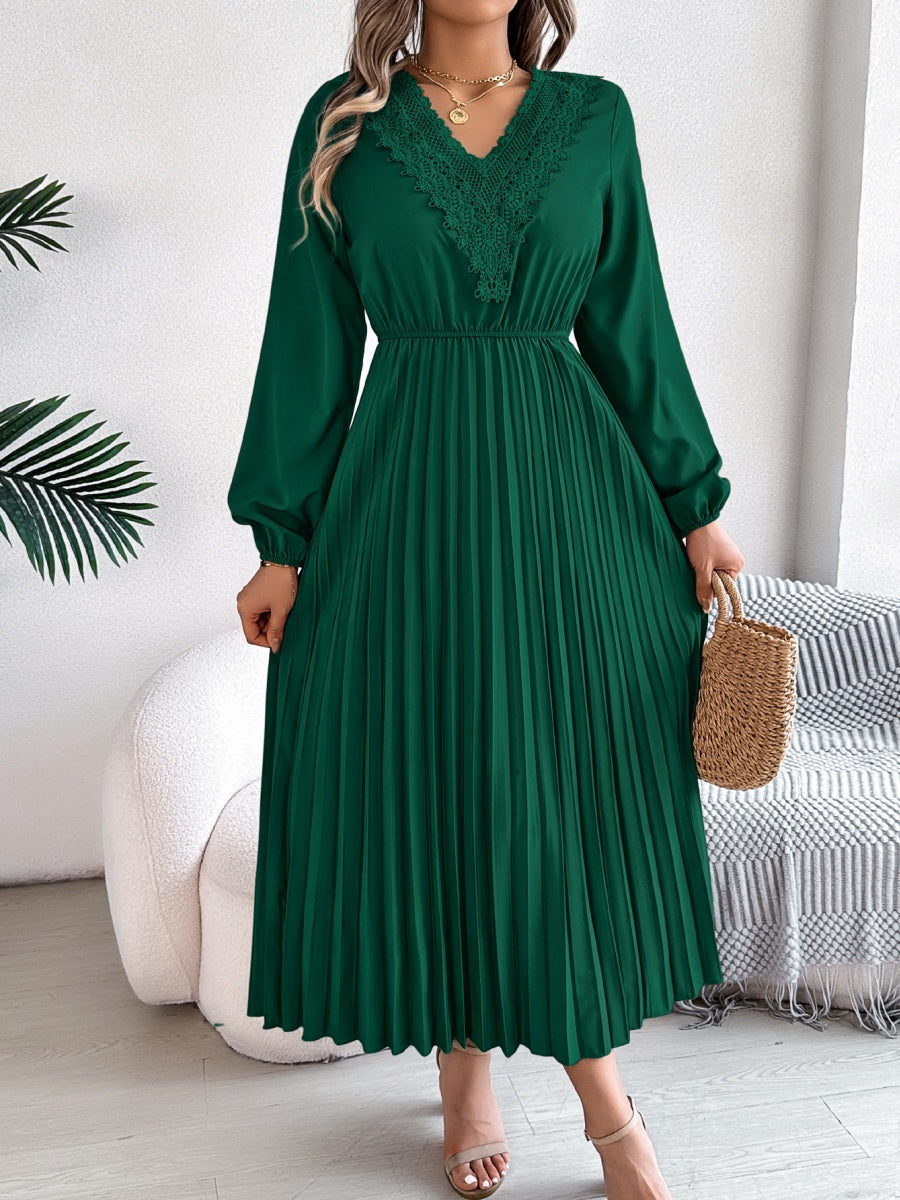 V-neck Lace Trim Fitted Waist Pleated Maxi Dresses