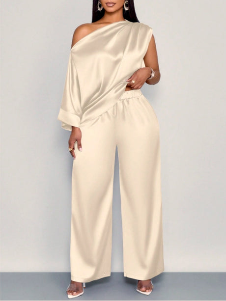 Satin Sloping Shoulders Short Sleeve Jacket Wide-leg Pants Set 2-piece Sets