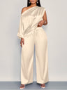 Satin Sloping Shoulders Short Sleeve Jacket Wide-leg Pants Set 2-piece Sets