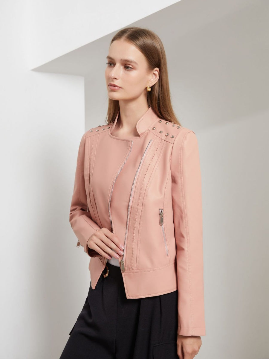 Street Cool Slim Fit Beading Leather Jacket
