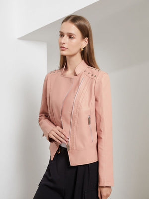 Street Cool Slim Fit Beading Leather Jacket