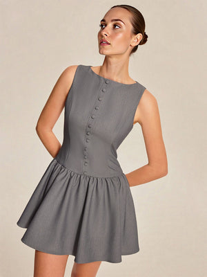 Sleeveless Buttons A-line Skirt Ruffle Mini&Short Dresses