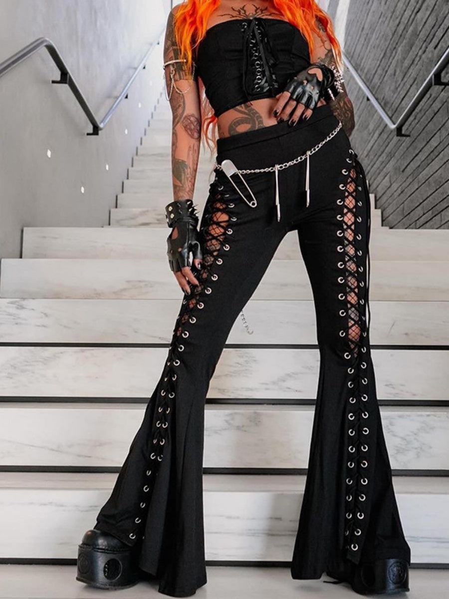 Metal Bandage Hollow Black Slightly Flared Pants