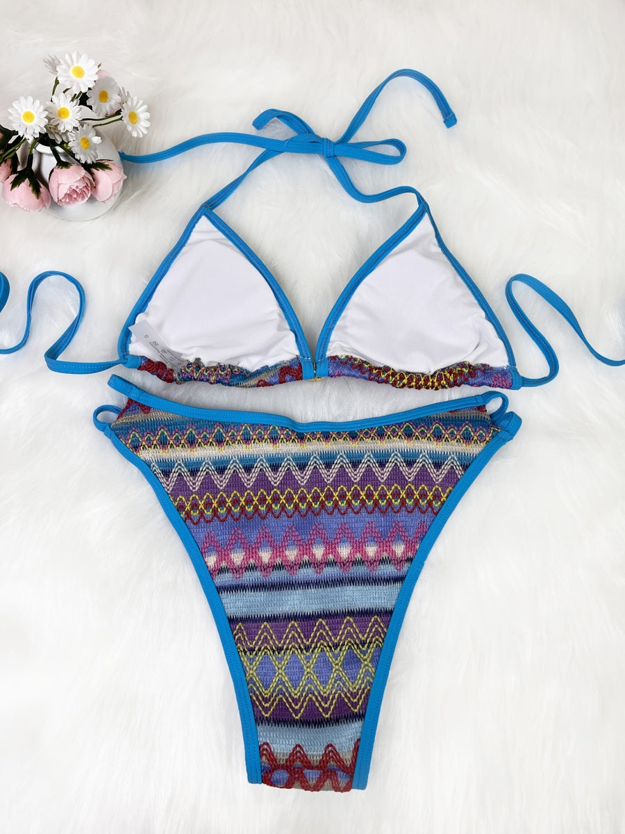 Knitted Color-blocked Striped Tie-up Bikini