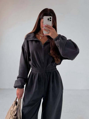 Liber Autumn women's one-piece suit solid color straight pants long-sleeved jumpsuit