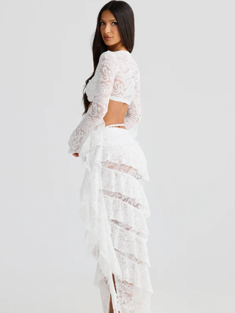 Lace Round Neck Long-sleeved Bell Sleeve Top And Layered Ribbon Skirt Two-piece Set
