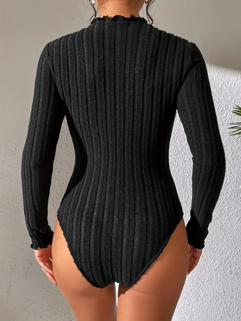 Long Sleeve Stand Collar Pit Strip Tight Fit Bodysuit