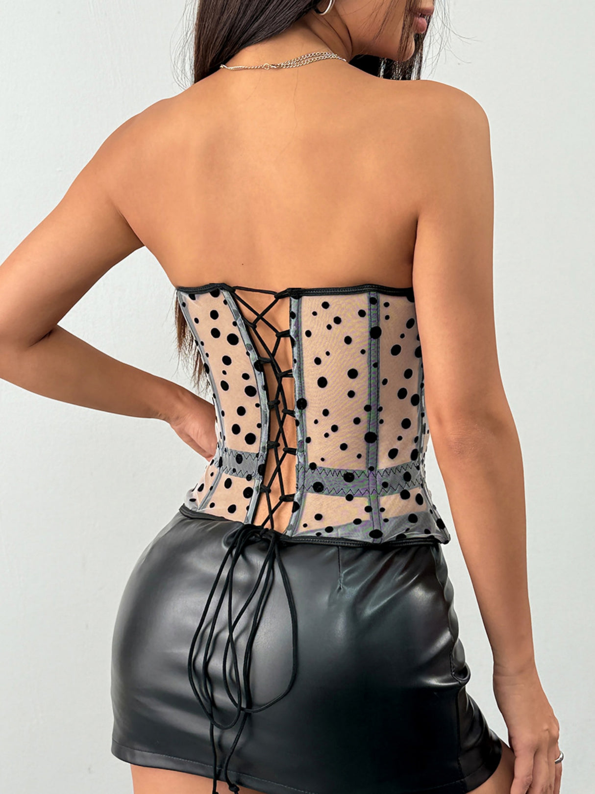 Polka Dots Fish Bones Lace Up Waist Shaping Bustier Tank Tops