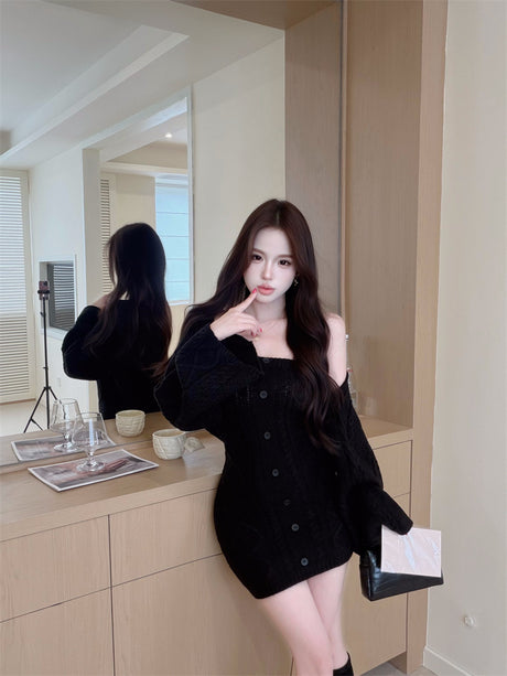 Knitted Elegant Fashion Set: Long-sleeved, Waist-cinching Sweater And Strapless Dress Two-Piece Set