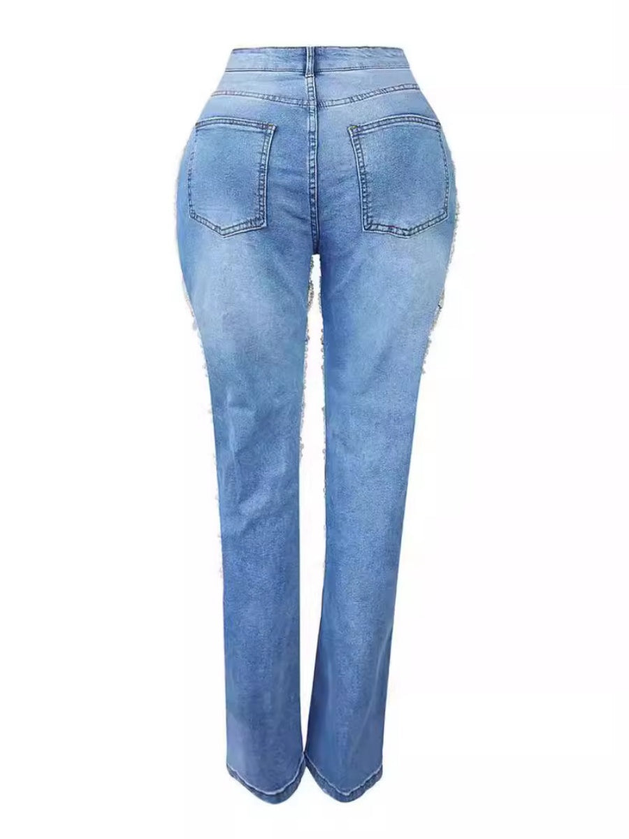 Ripped, Pearl-beaded Stretch Jeans