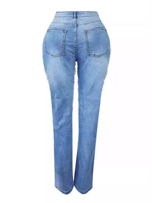 Ripped, Pearl-beaded Stretch Jeans