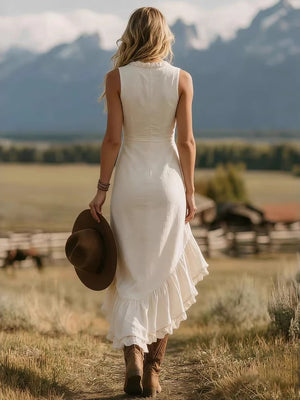 Sleeveless V-neck Ruffled Hem Cotton And Linen Long Dress