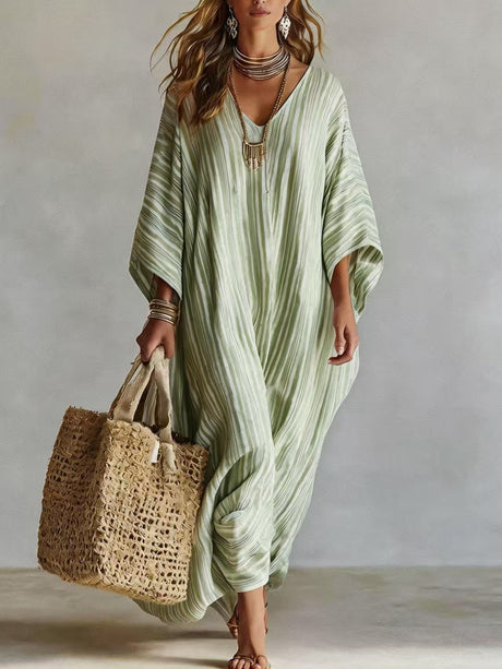 Striped Digital Print V-neck Three-quarter Sleeve Long Dress