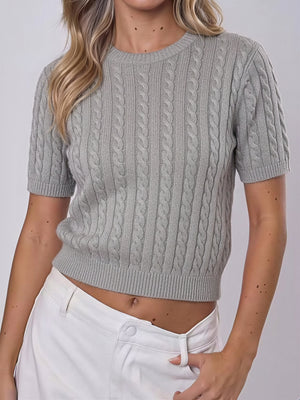 100% Wool Crew Neck Cable Knit Short-Sleeve Pullover Sweater