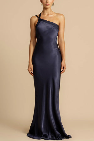 Zippered Single Shoulder Satin Maxi Dresses