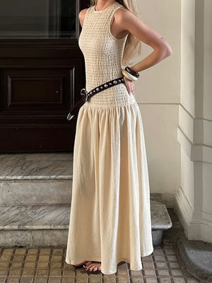 Light Apricot-colored Vacation-style Round Neck Sleeveless Cinched Long Dress