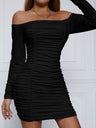 Off-the-shoulder Long-sleeved Pleated Bodycon Short Dress