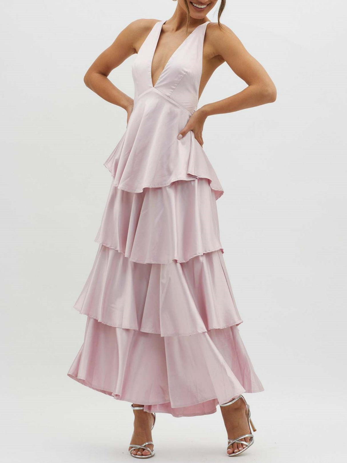 Ruffled Splicing Satin V-neck Tank Top Maxi Dresses