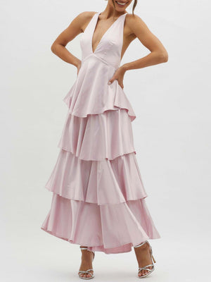 Ruffled Splicing Satin V-neck Tank Top Maxi Dresses