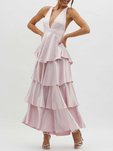 Ruffled Splicing Satin V-neck Tank Top Maxi Dresses