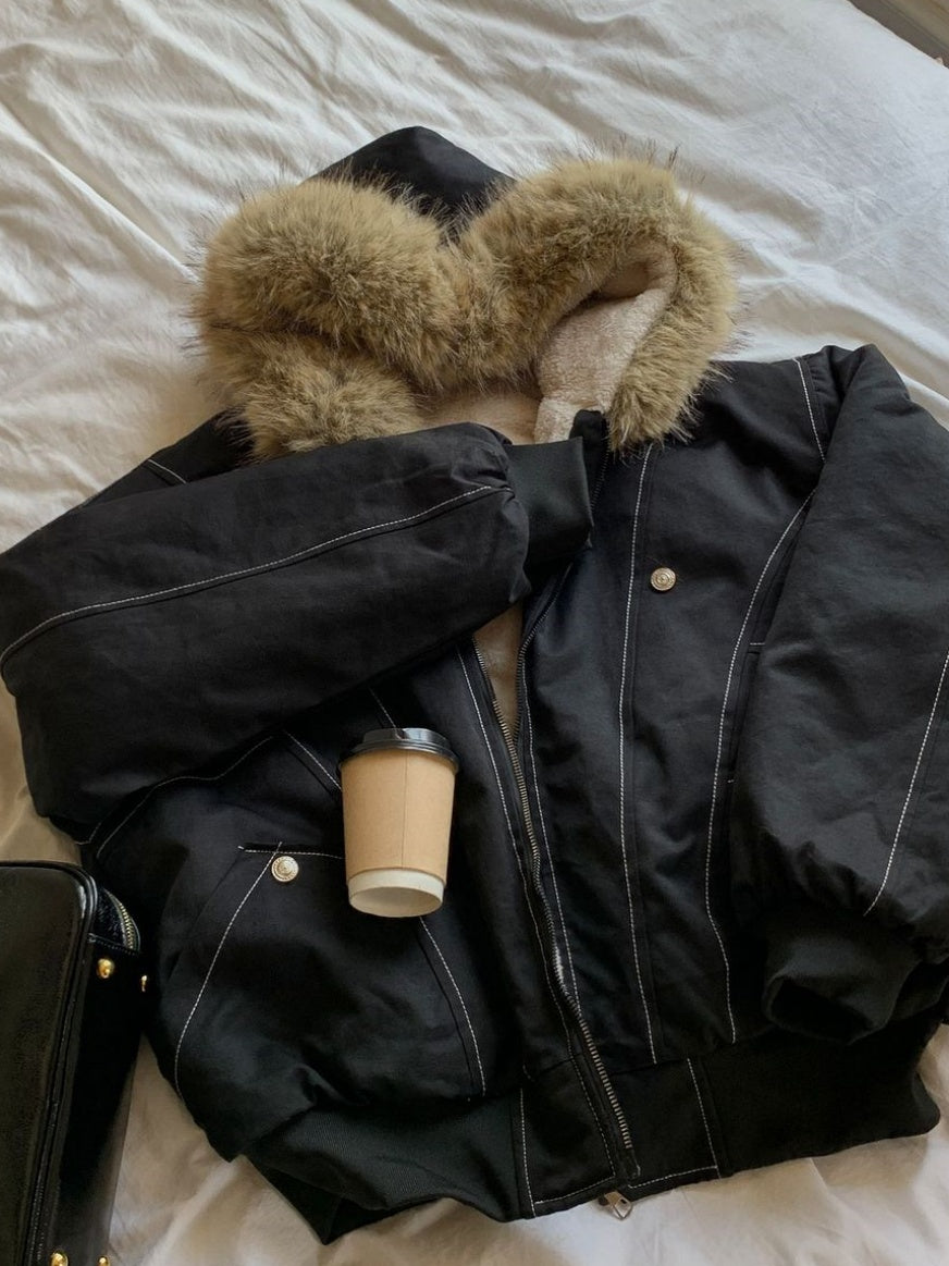 Jackets Fleece Lined With Fur Collar Hooded Loose Leisure Cotton Clothes