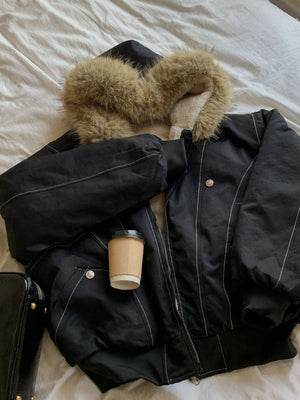 Jackets Fleece Lined With Fur Collar Hooded Loose Leisure Cotton Clothes