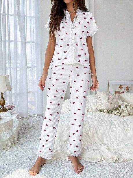 Cherry Print Water-soluble Embroidered Trim Short-sleeved Trousers Set That Can Be Worn As Loungewear