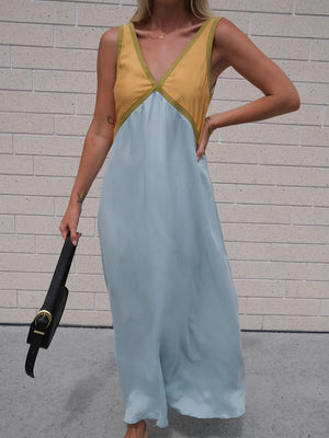 V-neck Sleeveless Color-blocked Maxi Dress