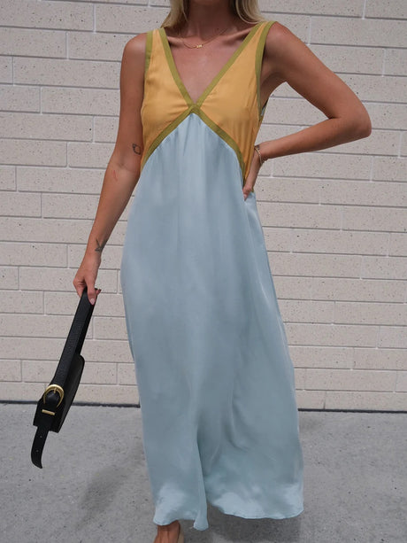 V-neck Sleeveless Color-blocked Maxi Dress