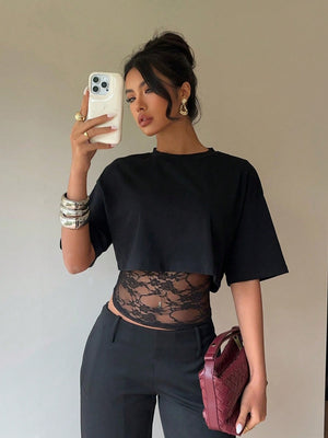 Layered-look Lace Splicing Slim-fit Hollow Sexy Short Sleeve T-shirts