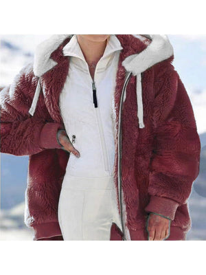 Loose Solid Color Plush Zipper Hood With Pockets Solid Color Jackets