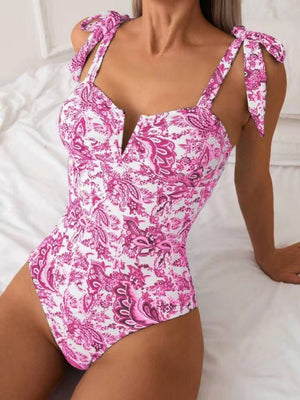 Ethnic-style Printed High-waisted Tie-up One-piece Swimsuit