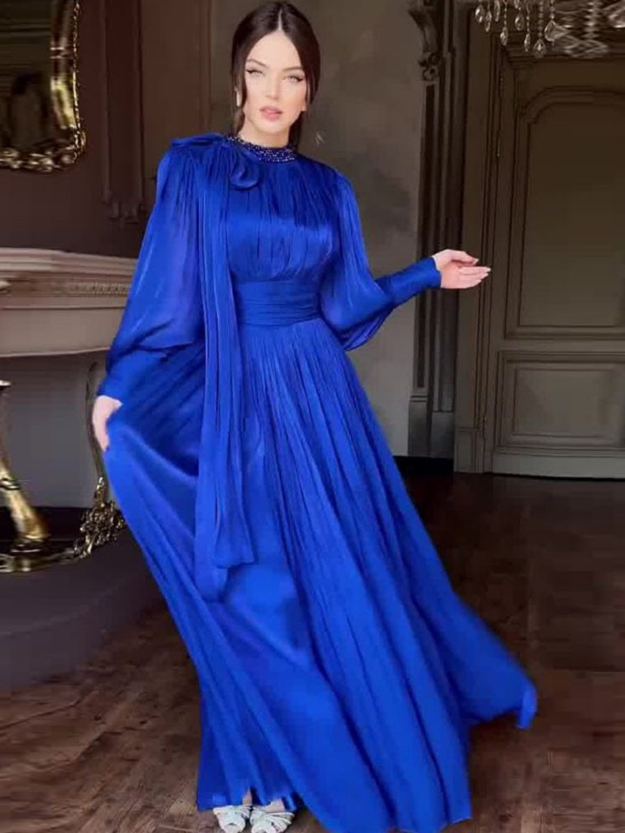 Balloon Sleeve Rhinestone-studded Waist Banquet Maxi Dresses