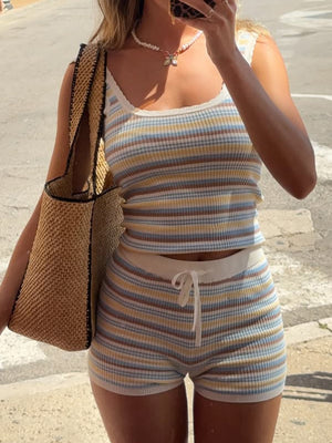 Colorful Striped Vest And Tie-up Shorts Two-piece Set