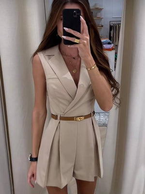 Stylish Business Suit V-neck Zipper Jumpsuit With Belt