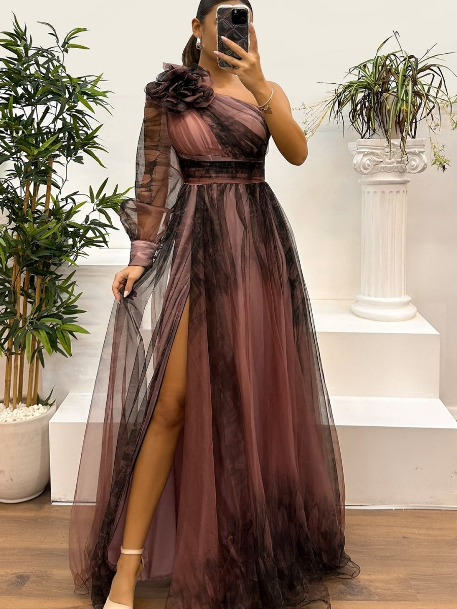 Sloping Shoulders Mesh Printed Reunion Maxi Dresses