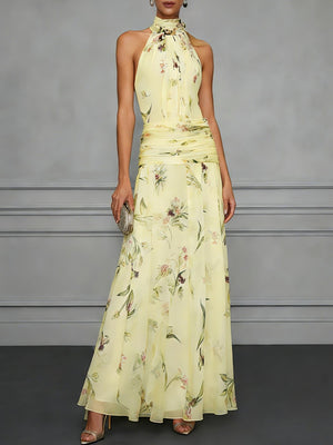Halter Printed Temperament Waist Parties Maxi Dresses