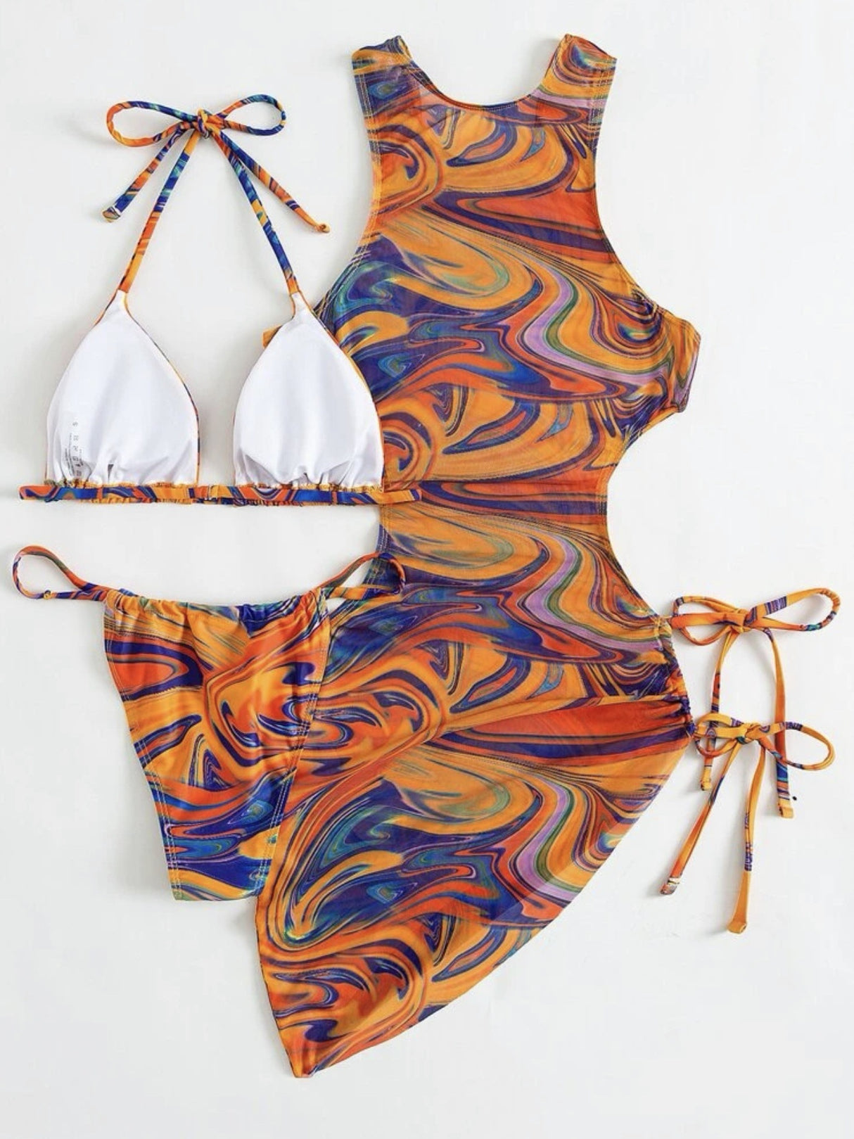 Hollow-out Drawstring Swimsuit Bikini Beach Cover-up Three-piece Set