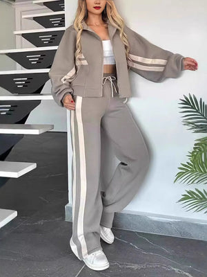 Stripes Zipper Top Wide-leg Pants Leisure Sports 2-piece Sets