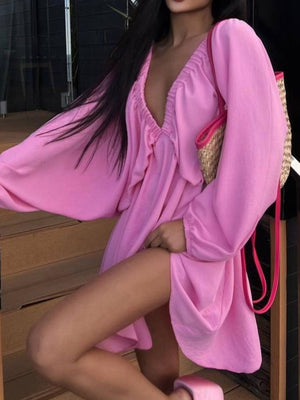 Pleated V-neck Puff Sleeves Large Skirt High-waisted Mini&Short Dresses