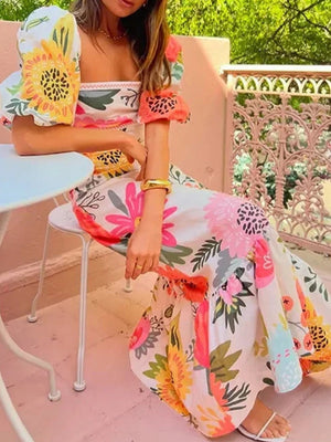 Elegant And Fashionable Printed Lantern Short Sleeves Maxi Dresses