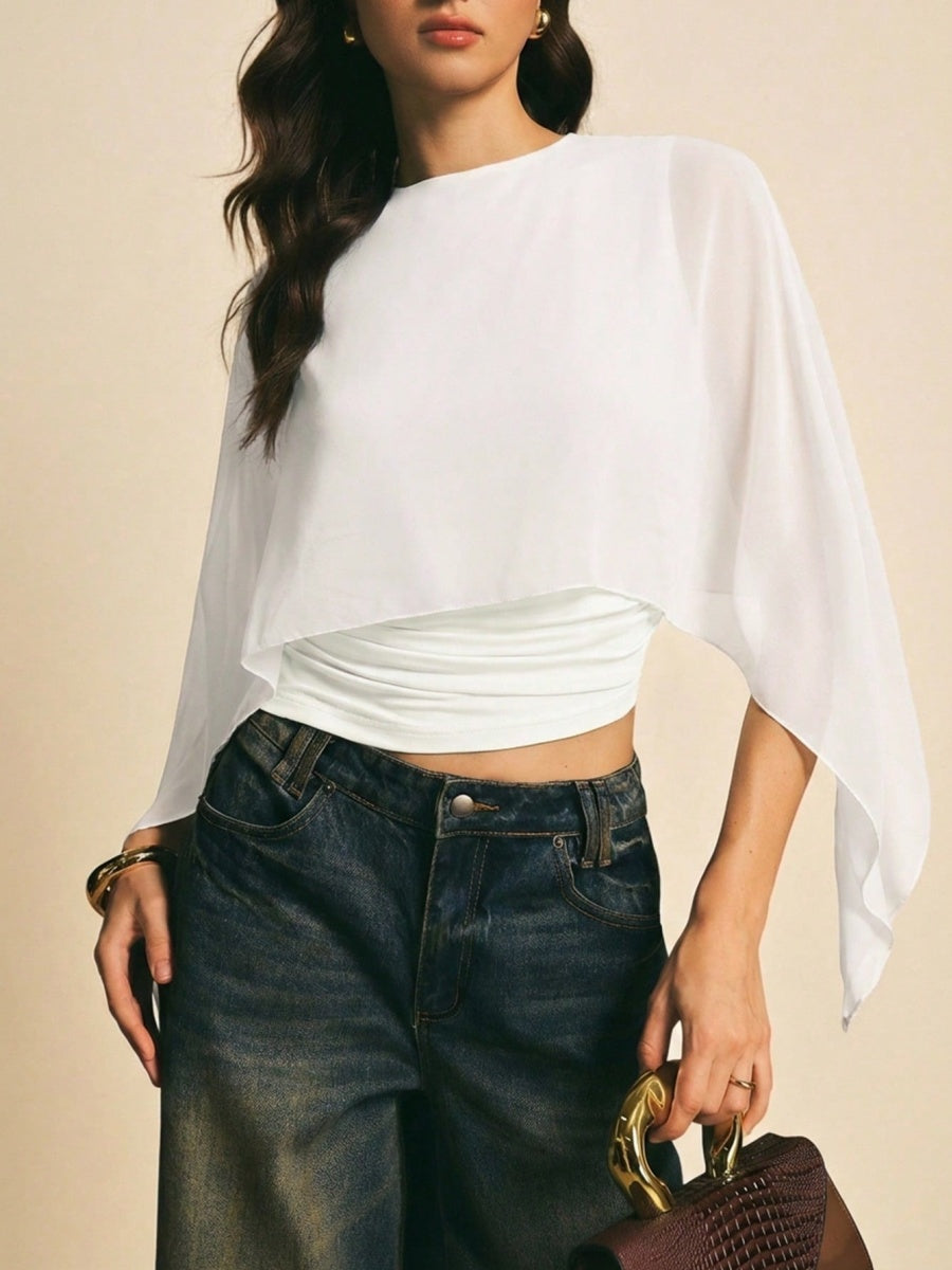 Cape-sleeve T-shirt, Round Neck, Loose Chiffon Cover-up, Elegant Irregular Top/T-shirt