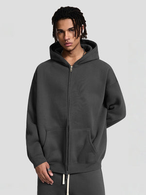 Plush Sports Loose Solid Color Zipper Hooded Sweatshirts&Hoodies Set