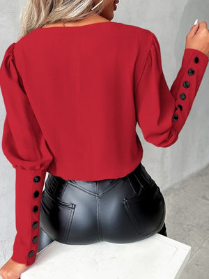 【EXPÉDITION NORMALE】Chemise femme à col V, manches longues, couleur unie, boutonnée