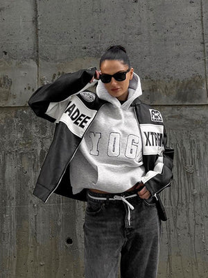 Grey Embroidered YOGA Letter Print Oversized Hooded Sweatshirt