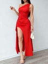 Sloping Shoulders Satin Slit Gathering Parties Maxi Dresses