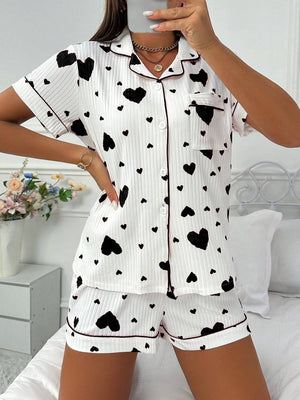Heart-print Cardigan With Collar And Button-down Short Sleeves And Shorts, Two-piece Loungewear Set