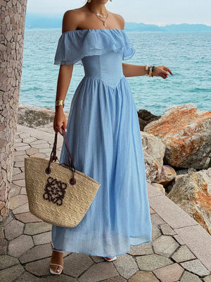 Blue Resort-style Strapless Off-shoulder Long Dress